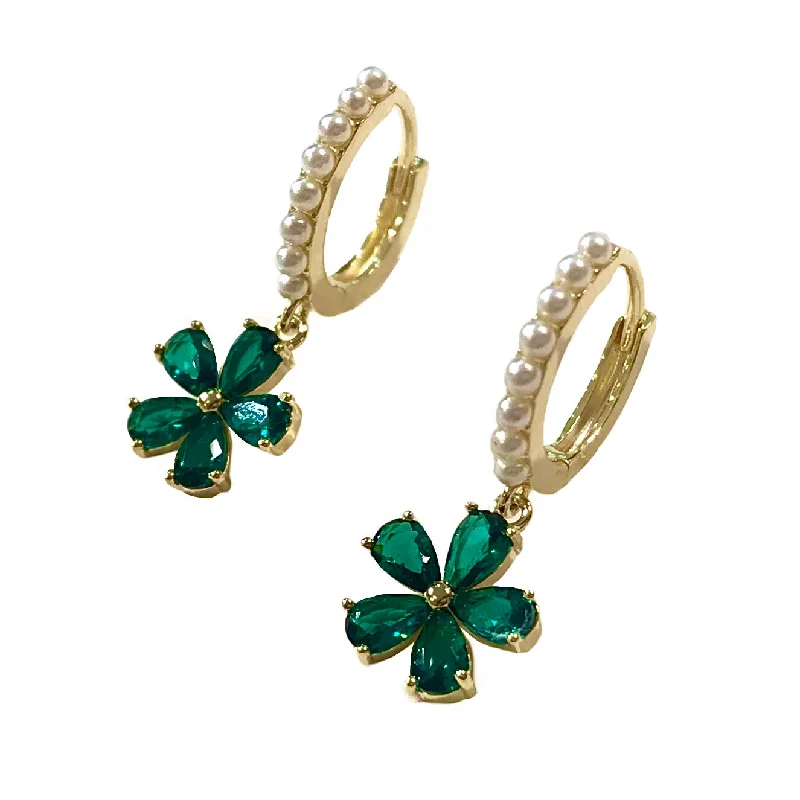 Ladies zirconia earrings-Flower Pearl Huggies