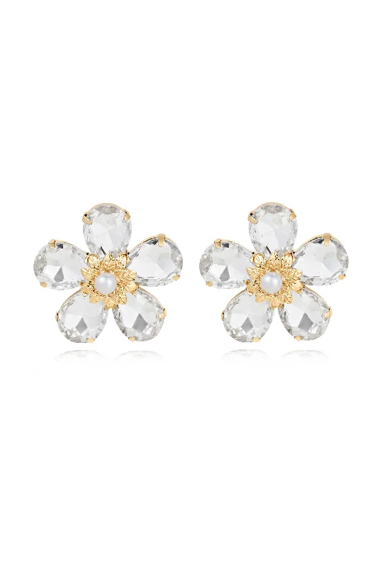 Ladies drop earrings-Vintage Pearl and Crystal Flower Stud Earrings