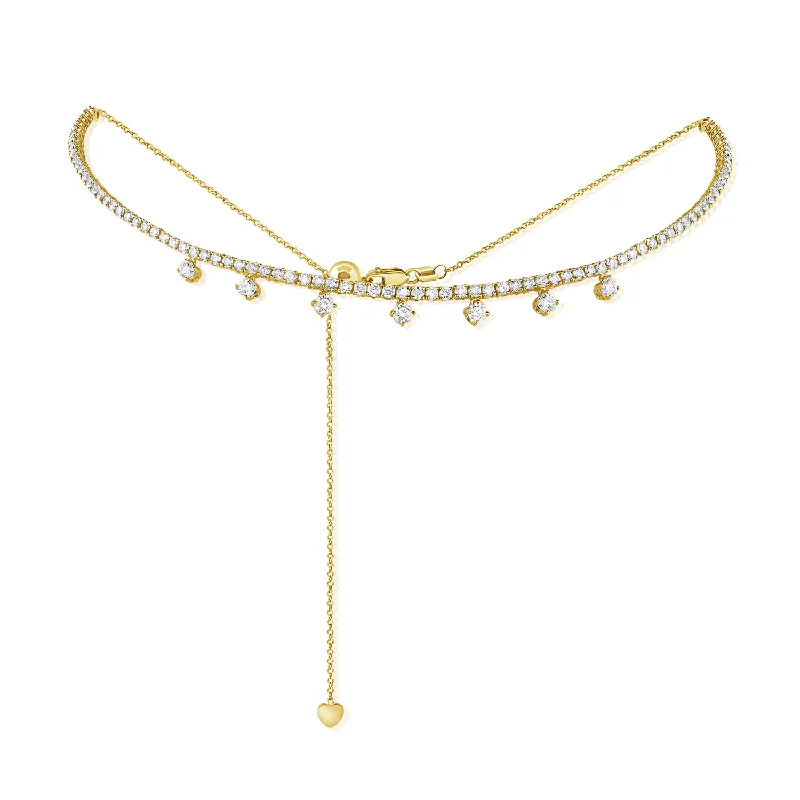 Ladies statement necklace-Adjustable Bolo Diamond Tennis Choker with Dangling Diamonds