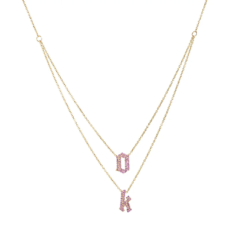 Ladies diamond chain necklace-Layered Birthstone Pave Gothic Initials Necklace