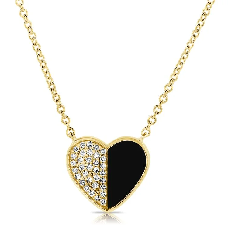 Ladies personalized gold necklace-Half Diamond Half Onyx Heart Necklace