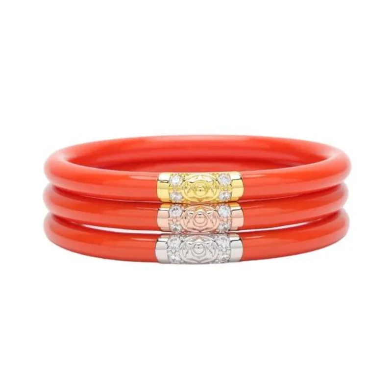 Ladies silver cuff bracelet-BuDhaGirl | Set of Three | Three Kings All Weather Bangles in Coral