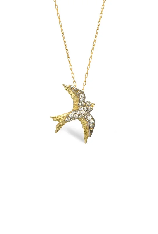 Ladies moonstone necklace-Swallow Bird 14K Gold Necklace w. Diamonds