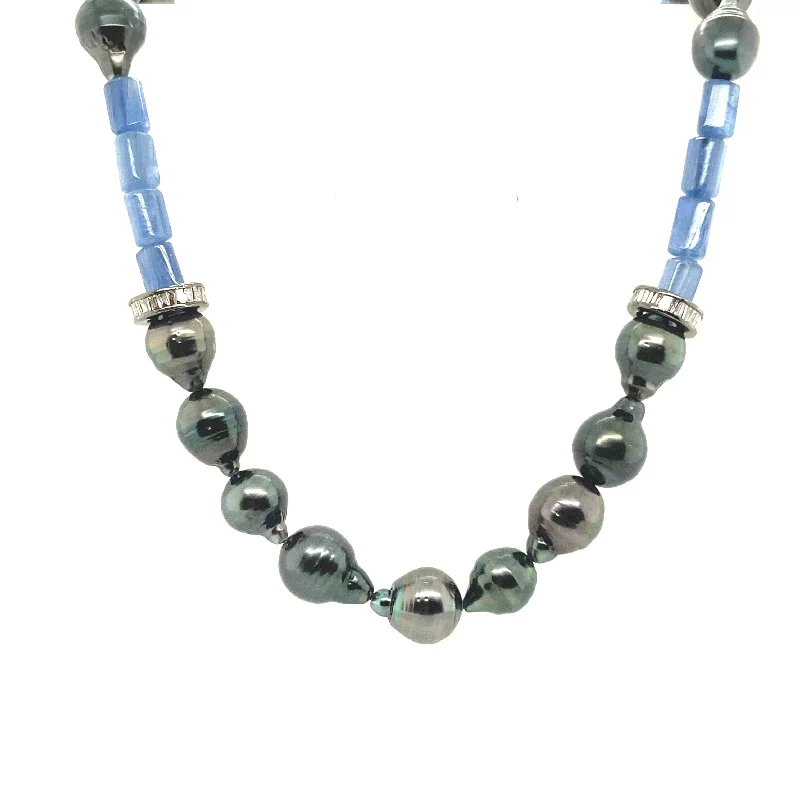 Ladies emerald necklace-Tahitian Pearl & Kyanite Barrel Necklace