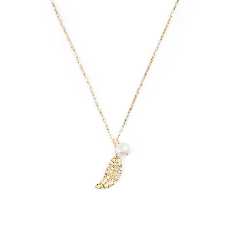 Ladies tennis necklace-Leaf & Drop Gold Filled Necklace w. Pearls