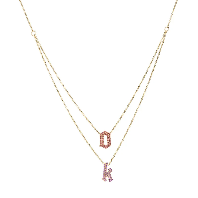 Ladies simple necklace-Layered Two-Tone Birthstone Pave Gothic Initials Necklace