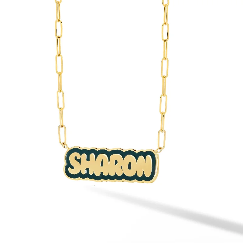 Ladies engraved necklace-Custom Bold Enamel Name Necklace on thin Paperclip