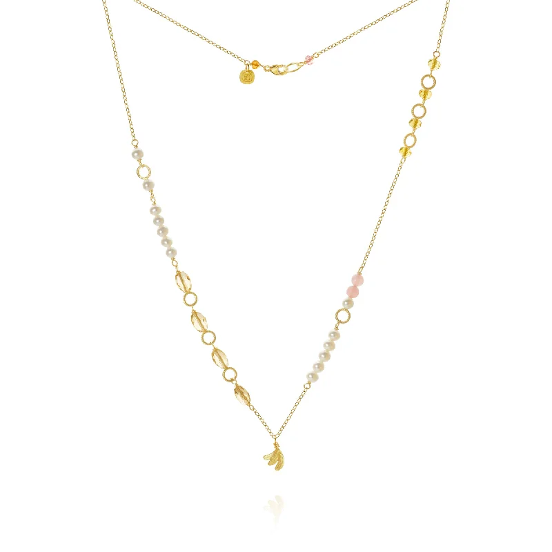 Ladies infinity charm necklace-Piccolo Mellow Aura 18K Gold Necklace, 43 cm w. Pearl, Quartz & Sapphire