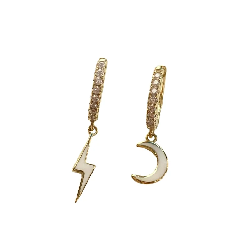 Ladies chain earrings-Celestial Lightning Bolt Moon Huggies