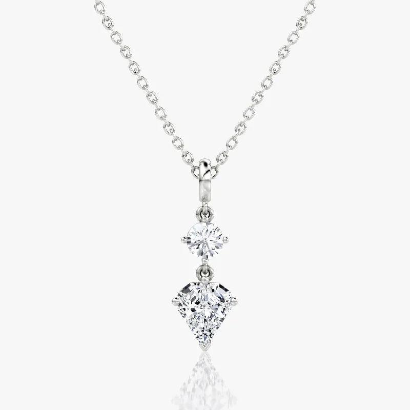 Ladies personalized necklace-Duo Drop 14K White Gold Necklace w. 1.0ct Round Brilliant & Shield Lab-Grown Diamonds