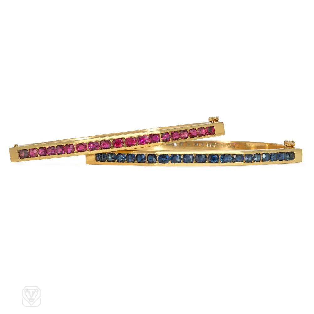 Ladies gemstone bracelet-Cartier 1970s gold bangles in rubies and sapphires