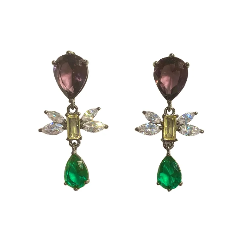 Ladies ear chain earrings-Dragonfly Emerald Statement Earrings