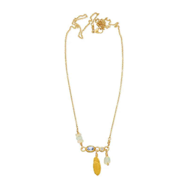 Ladies dainty gold necklace-Leaf 18K & 24K Gold Necklace w. Sapphire & Diamond