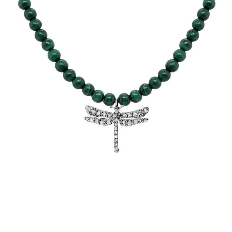 Ladies layered diamond necklace-Dragonfly Oxidized Silver Necklace w. Malachite & Diamond