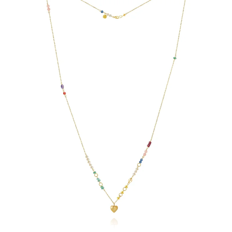 Ladies dainty gold necklace-Piccolo Bloom Heart 18K Gold Necklace, 62 cm w. Emerald, Ruby, Quartz, Kyanite, Pearl, Citrin, Coral & Amethyst