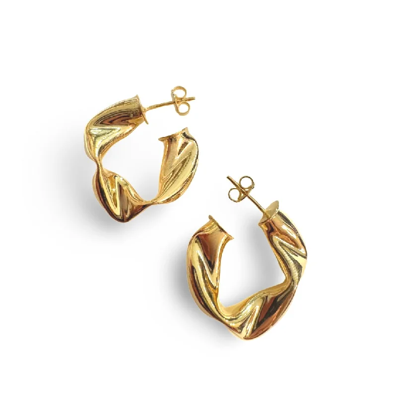 Ladies crystal earrings-18K Gold Filled Krinkle Hoops