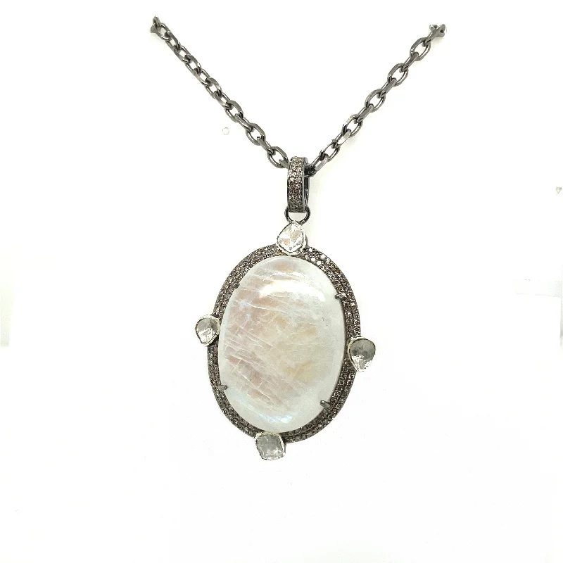 Ladies wedding necklace-Oval Moonstone & Polki Diamond Pendant