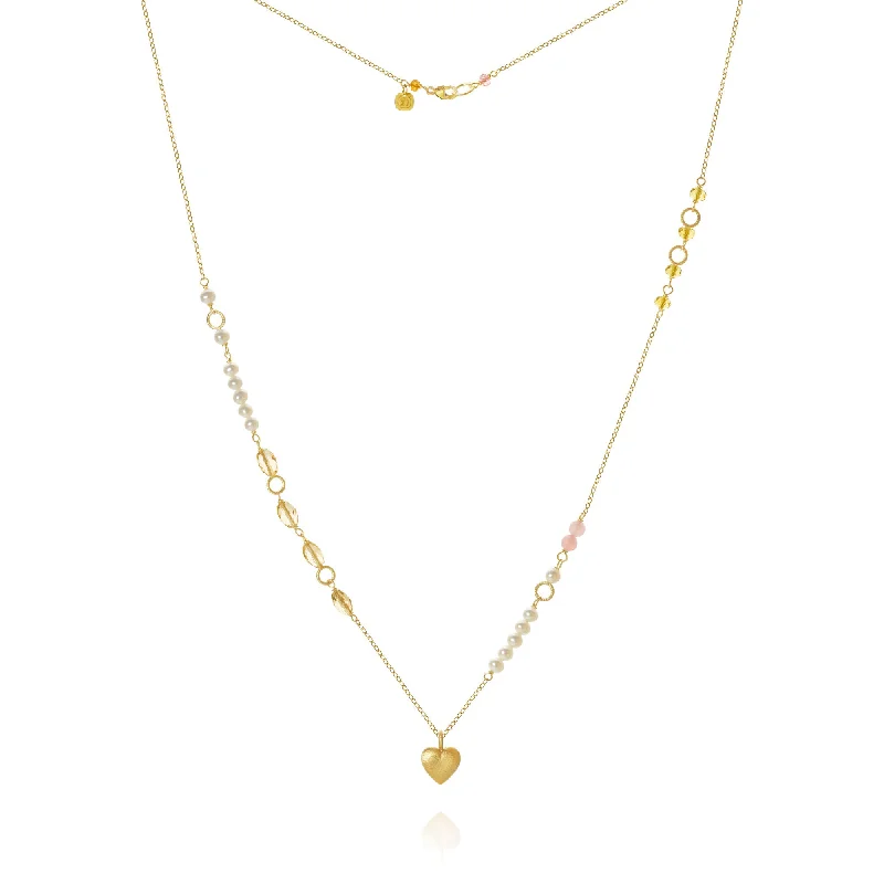 Ladies rose gold heart necklace-Piccolo Mellow Heart 18K Gold Necklace, 62 cm w. Pearl, Quartz & Sapphire