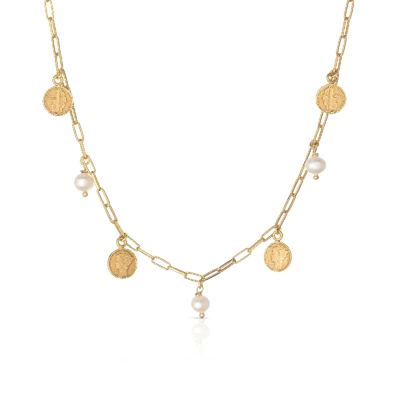 Ladies collar necklace-Dorotea 18K Gold Plated Necklace w. Pearls