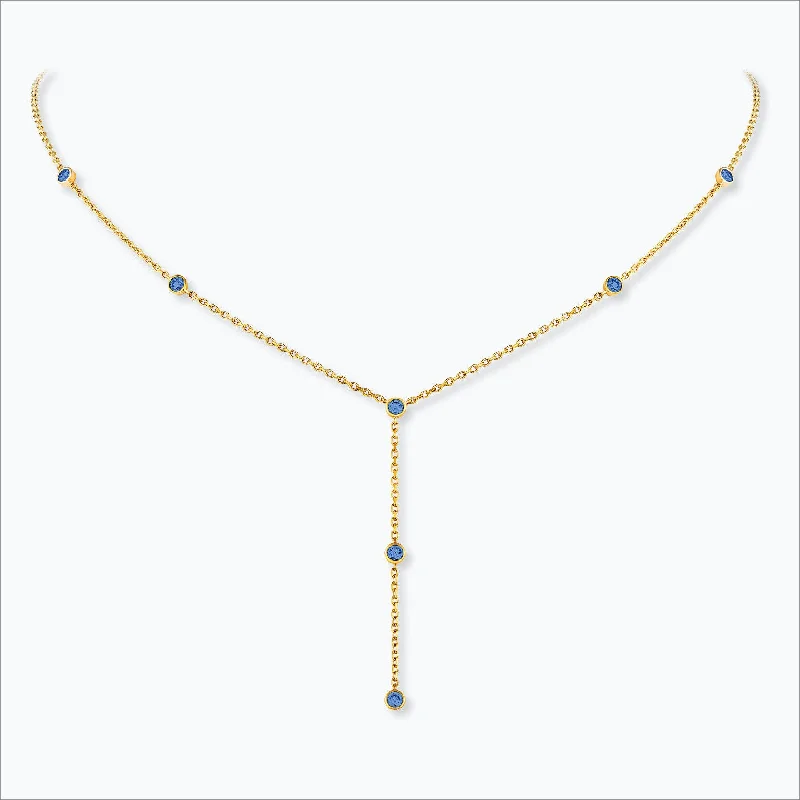 Ladies zodiac necklace-7 Stone 18K Gold Necklace w. Blue Sapphires