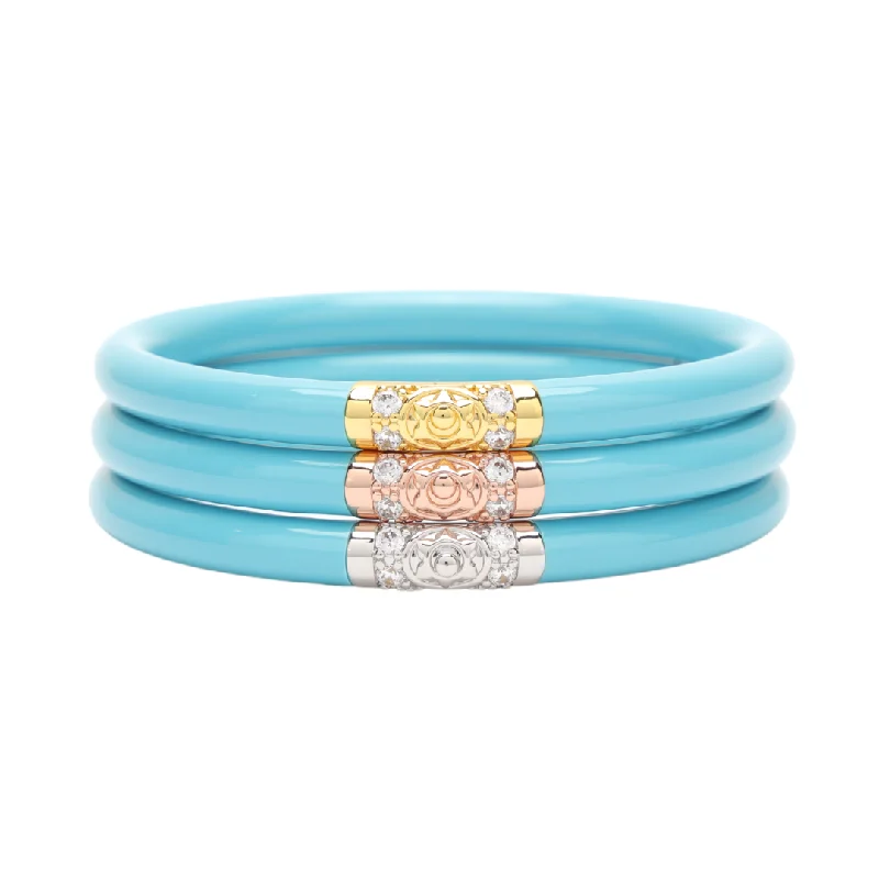 Ladies infinity bangle-BuDhaGirl | Set of Three | Three Kings All Weather Bangles in Turquoise