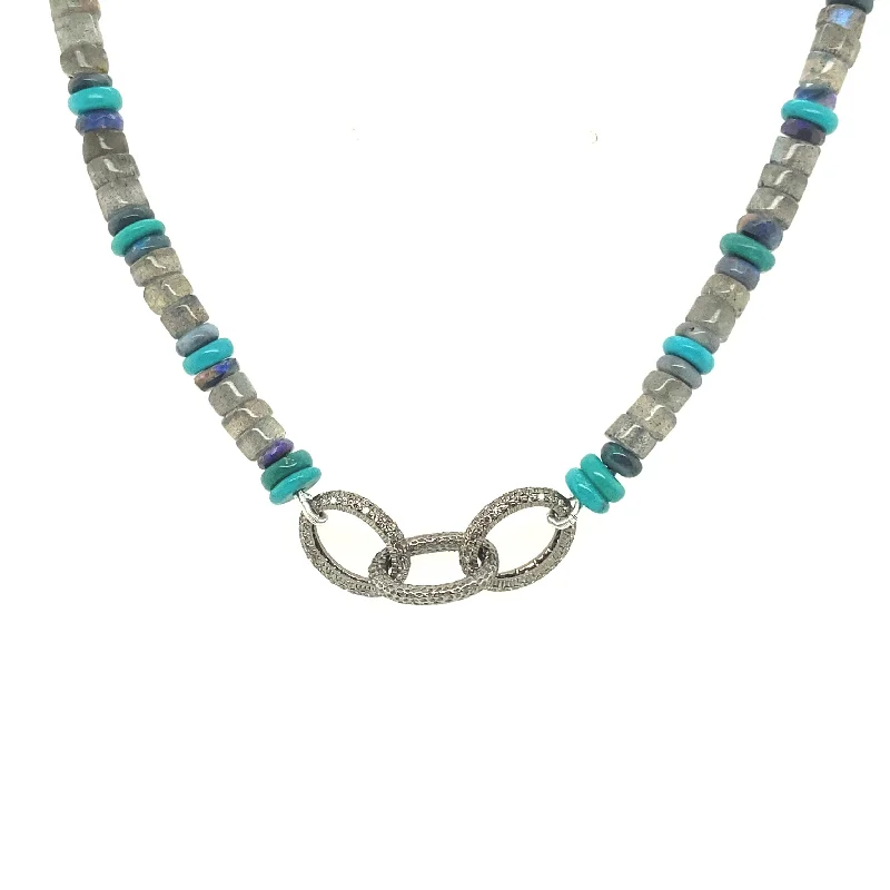 Ladies platinum necklace-Australian Opal, Labradorite, Turquoise Beaded Choker