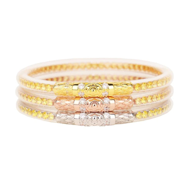 Ladies gold bracelet-BuDhaGirl | Set of Three | Three Queens All Weather Bangles in Yellow Rose