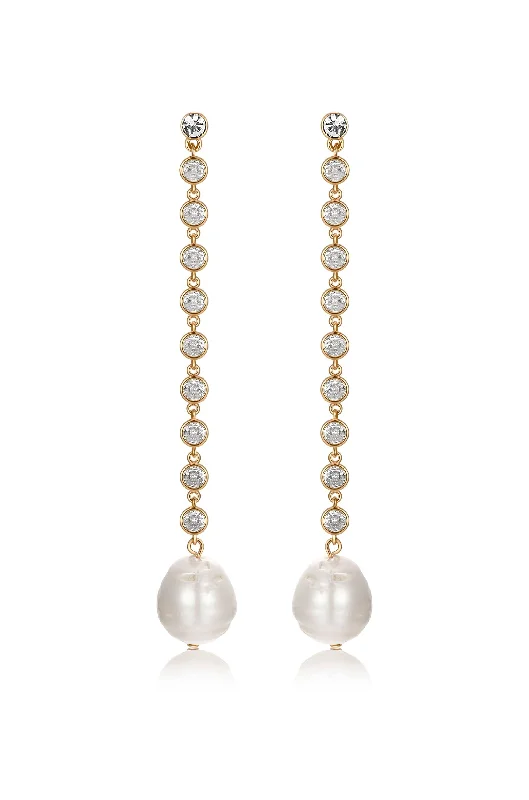 Ladies bridal crystal earrings-Crystal Chain Pearl Drop Earrings