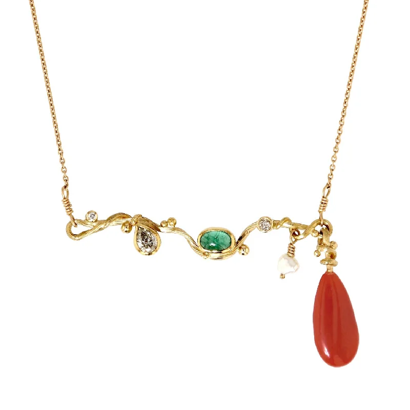 Ladies diamond chain necklace-Seafire 18K, 22K & 24K Gold Necklace w. Diamonds, Corals & Emerald