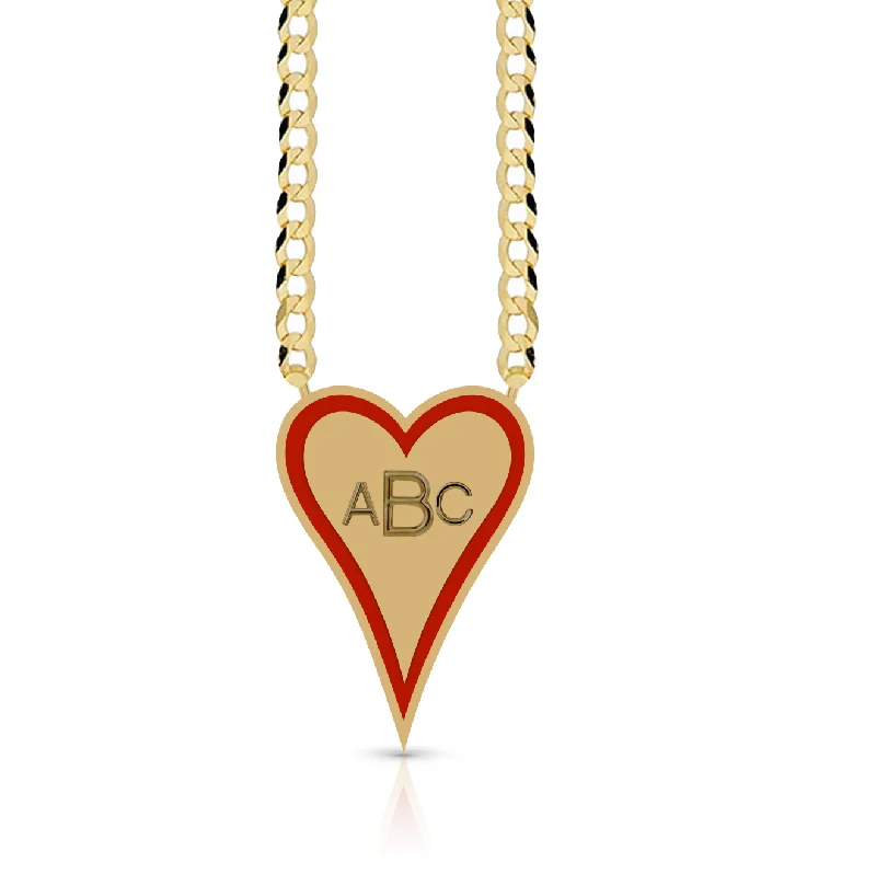 Ladies layered gold necklace-Enamel Outline Elongated Heart + Initials Cuban Link Necklace