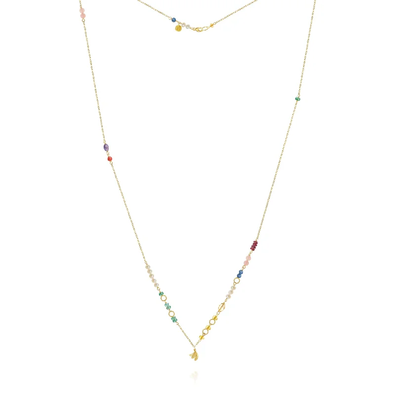 Ladies men’s and women’s matching necklace-Piccolo Bloom Leaf 18K Gold Necklace, 62 cm w. Emerald, Ruby, Quartz, Kyanite, Pearl, Citrin, Coral & Amethyst