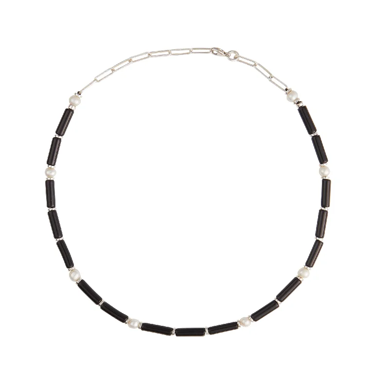 Ladies diamond chain necklace-Black Onyx Silver Necklace w. Pearls