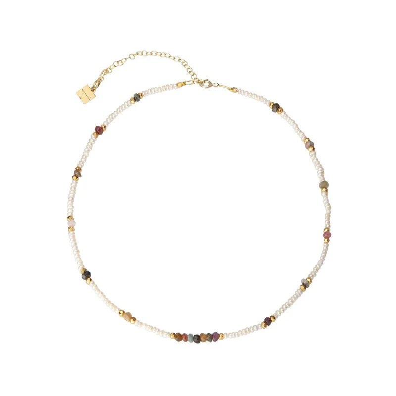 Ladies ruby necklace-Collar Cassandra 18K Gold Plated Necklace w. Pearls & Tourmaline