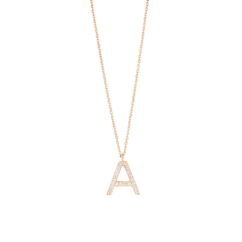 Ladies infinity necklace-Pave Letter A 18K Rose Gold Necklace w. Diamonds