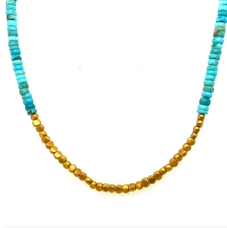 Ladies diamond pendant necklace-Kingman Turquoise & Yellow Gold Bead Necklace