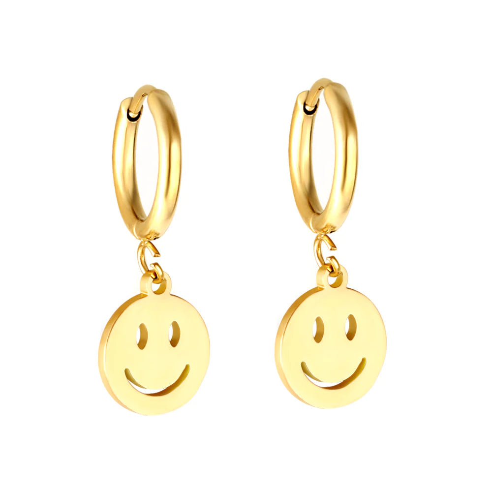 Ladies crystal drop earrings-Hypoallergenic Gold Smiley Face Earrings