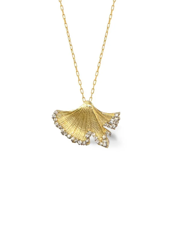 Ladies minimalistic necklace-Ginkgo Leaf 14K Gold Necklace w. Diamonds