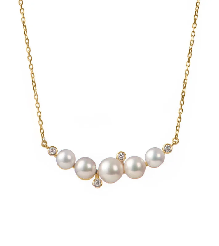 Ladies pearl drop necklace-Sea Foam 18K Gold Necklace w. Diamonds & Pearls