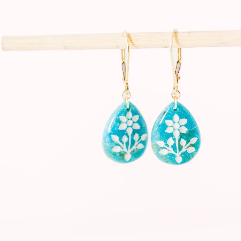 Ladies minimal earrings-Carved turquoise teardrop dangle earrings