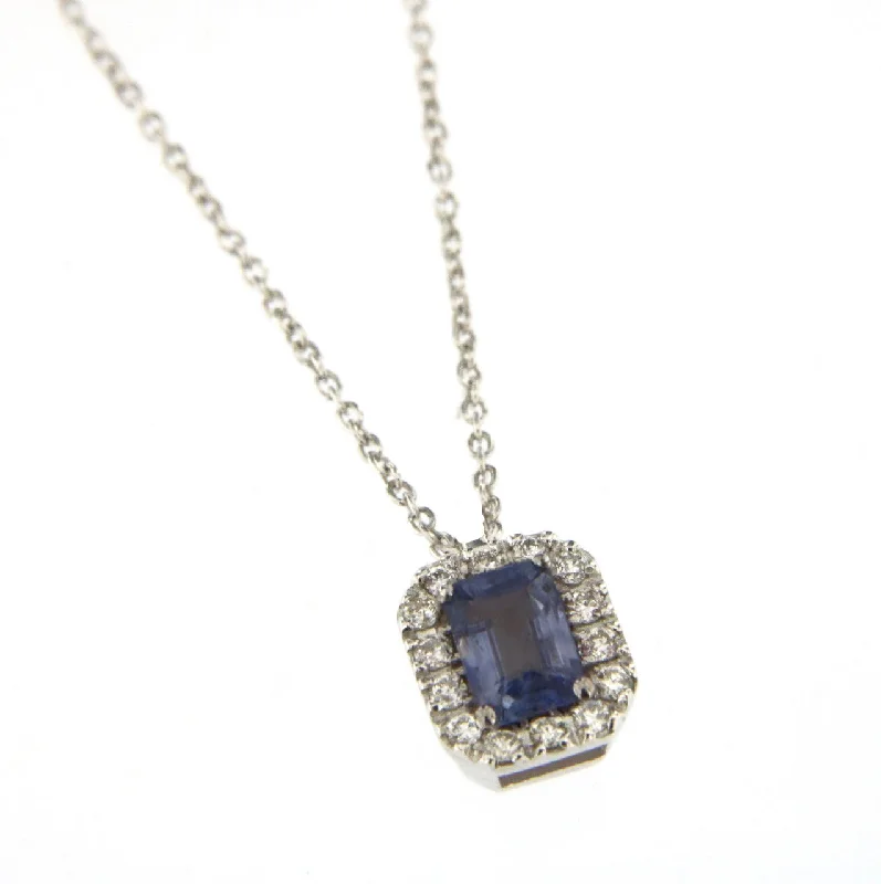 Ladies birthstone pendant necklace-Candy 18K White Gold Necklace w. Diamonds & Blue Sapphire