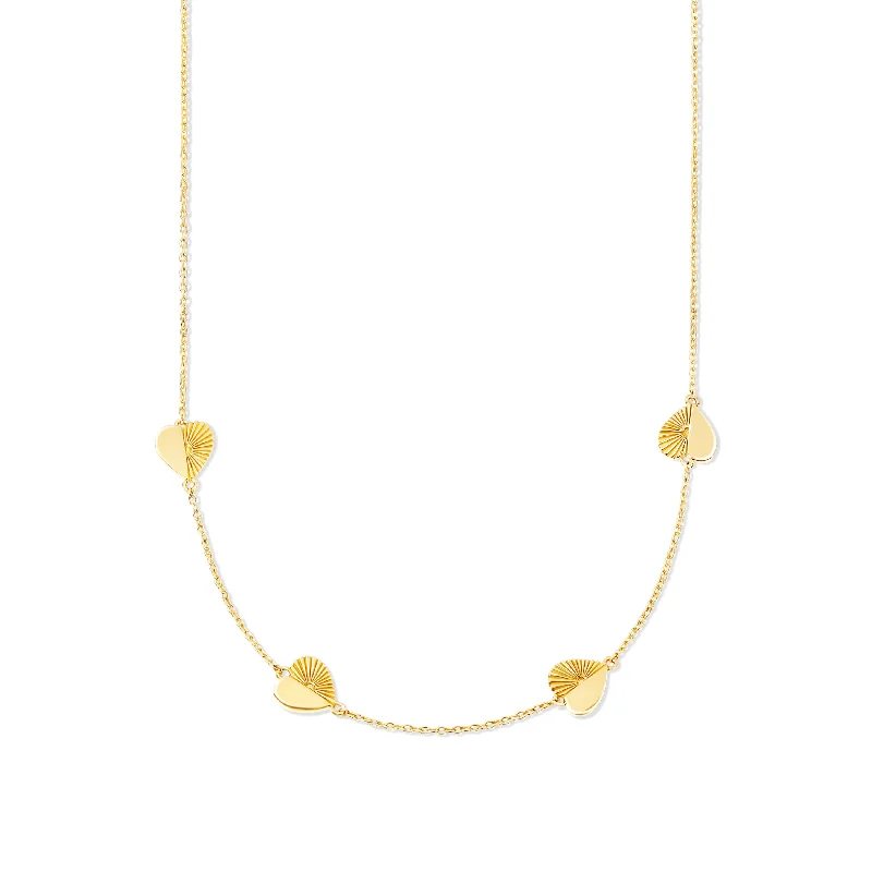 Ladies chunky gold necklace-Half Fluted Half Solid Station Heart Necklace