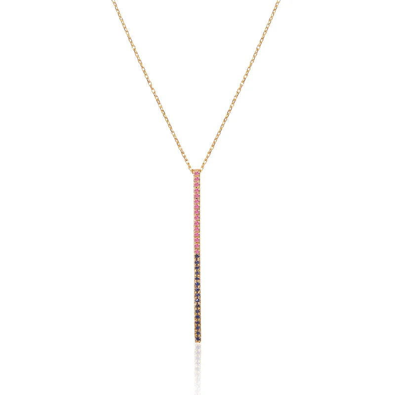 Ladies crystal pendant necklace-Claire Bar 18K Gold Necklace w. Pink & Blue Sapphires