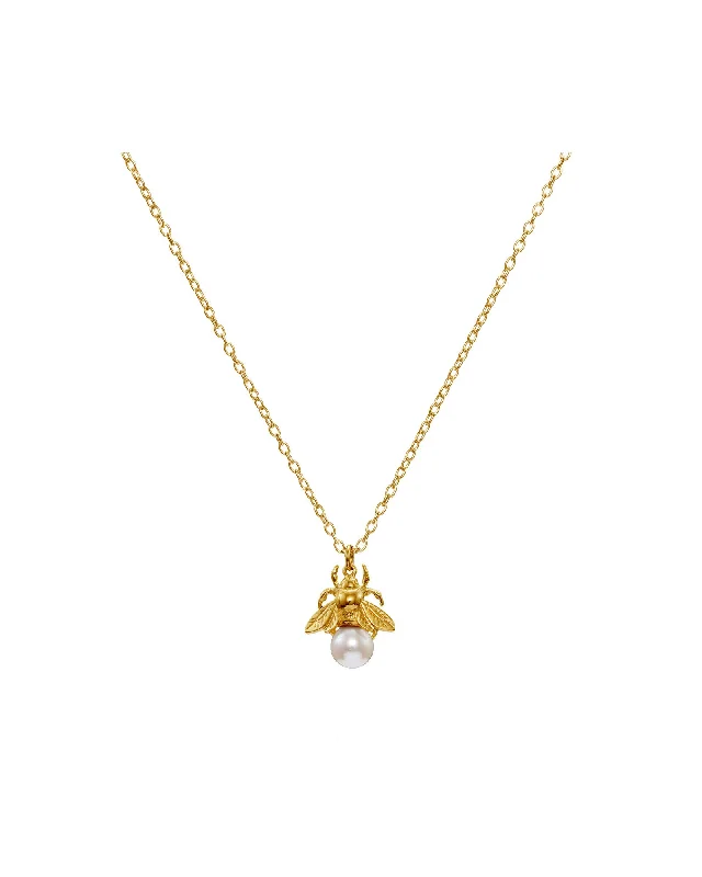 Ladies long chain necklace-Bumblebee Gold Plated Necklace w. Pearl