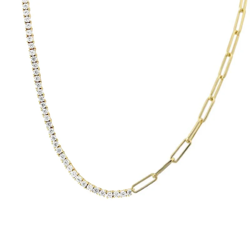 Ladies diamond necklace-Half Diamond Tennis Half PaperClip Necklace