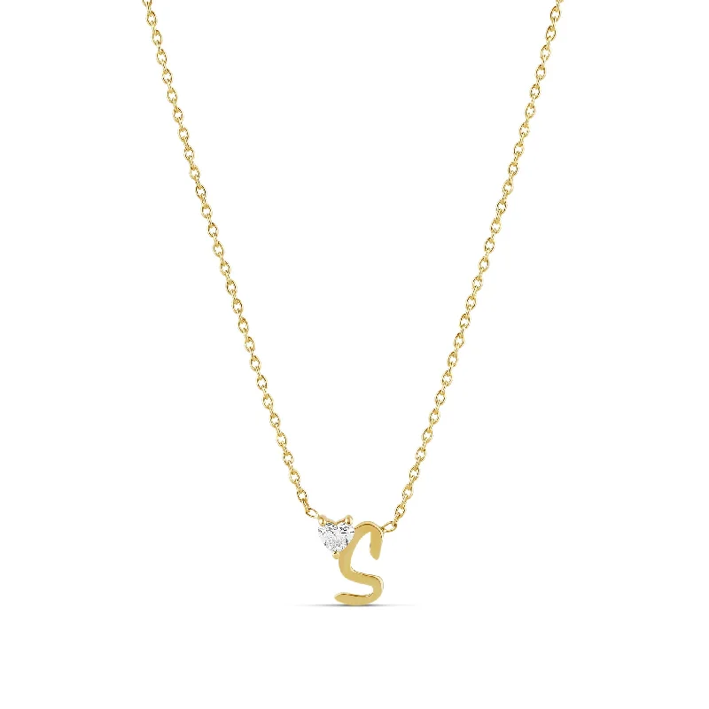 Ladies diamond necklace-Solid Initial with Diamond Floating Heart Necklace