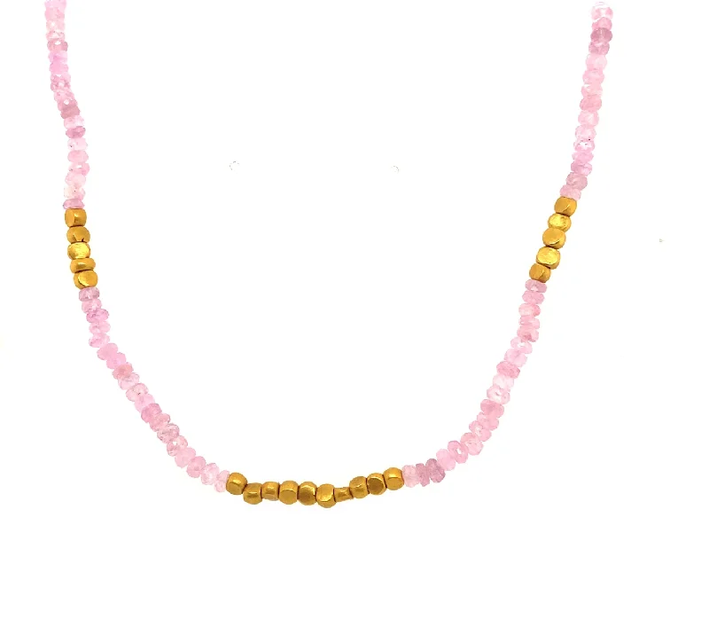 Ladies long necklace-Pink Sapphire & Yellow Gold Bead Necklace