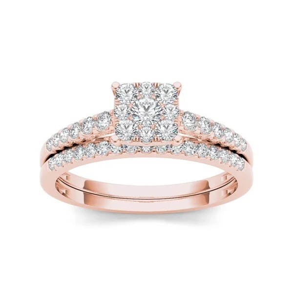 Ladies eco-friendly engagement rings-De Couer 10k Rose Gold 1/2ct TDW Diamond Cluster Engagement Ring Set - White