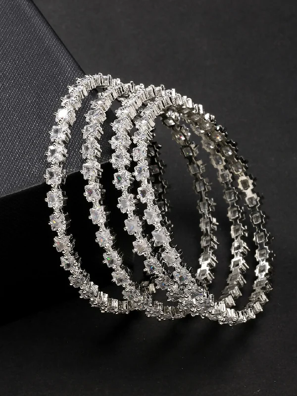 Ladies cuff bracelet-NVR Women's Set of 4 Silver-Plated CZ Stone-Studded Handcrafted Bangles