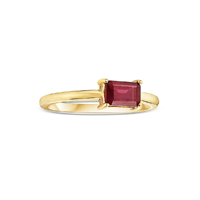 Ladies antique engagement ring-Emerald Cut Red Ruby Solitaire Ring (0.86 ct.) 4-Prongs Setting in 14K Gold