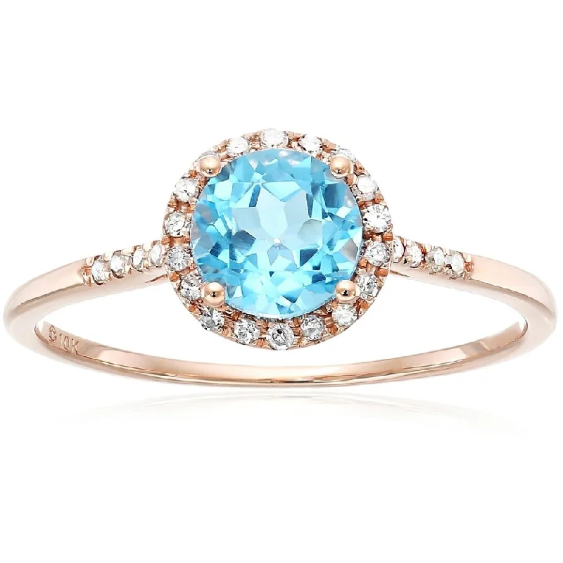 Ladies engagement rings with emerald stones-10k Rose Gold Swiss Blue Topaz and Diamond Classic Princess Di Halo Engagement Ring, Size 7